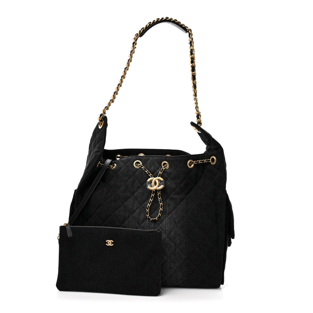 Washed Denim Quilted Medium Chanel 25 Handbag Black