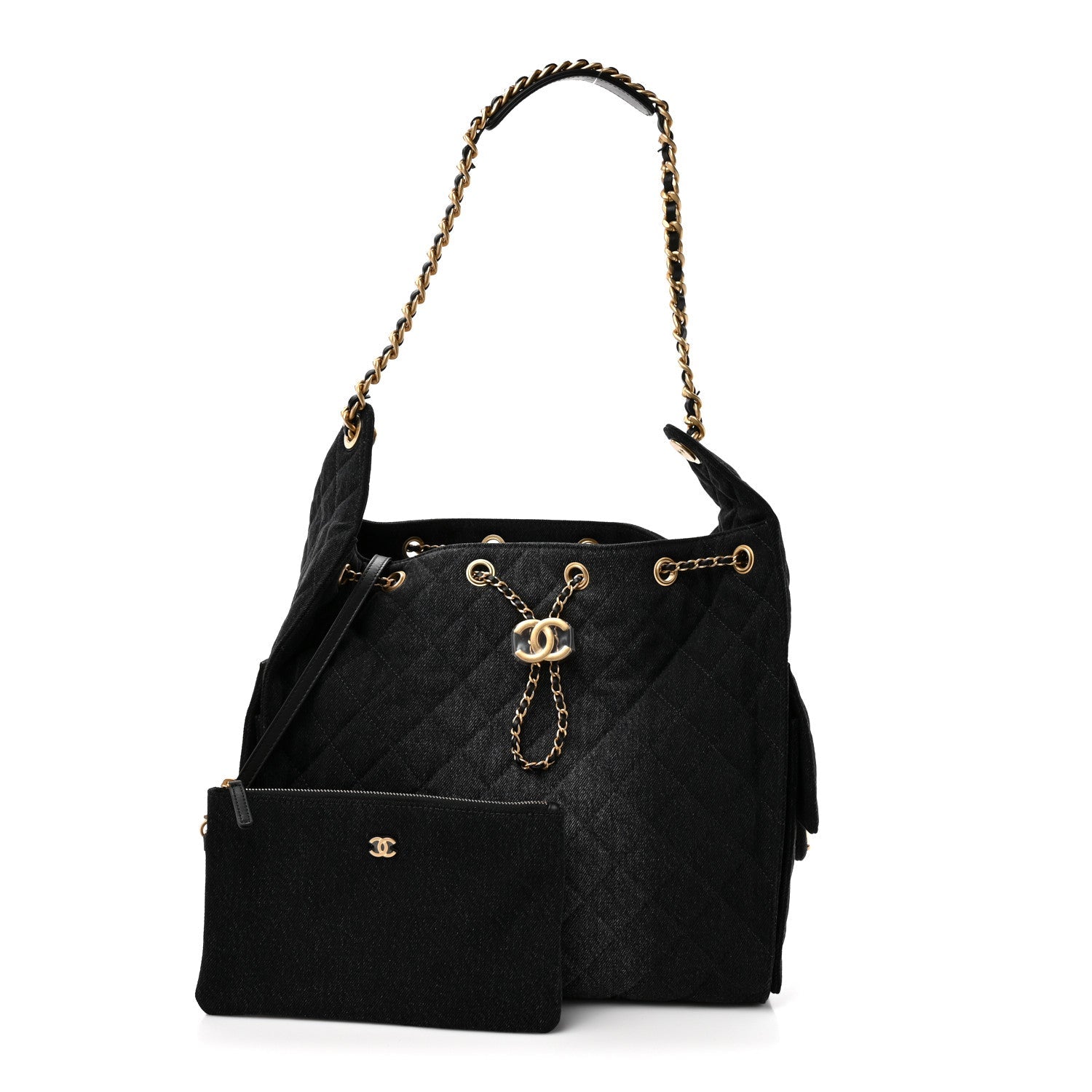 Washed Denim Quilted Medium Chanel 25 Handbag Black
