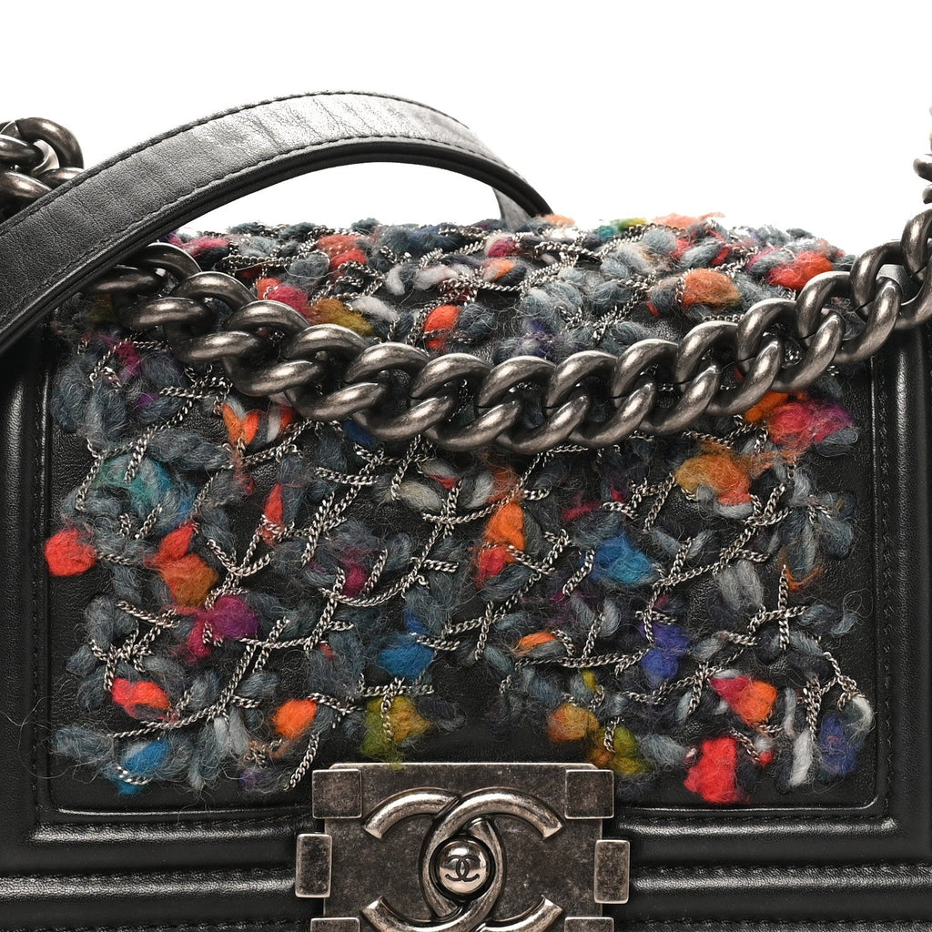 Calfskin Tweed Chain Small Boy Flap Black