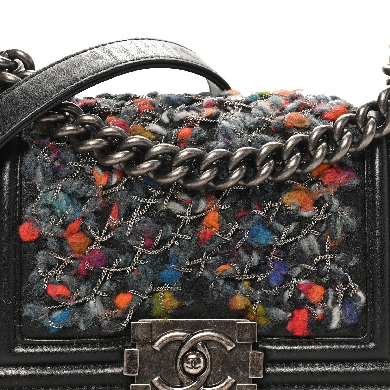 Calfskin Tweed Chain Small Boy Flap Black
