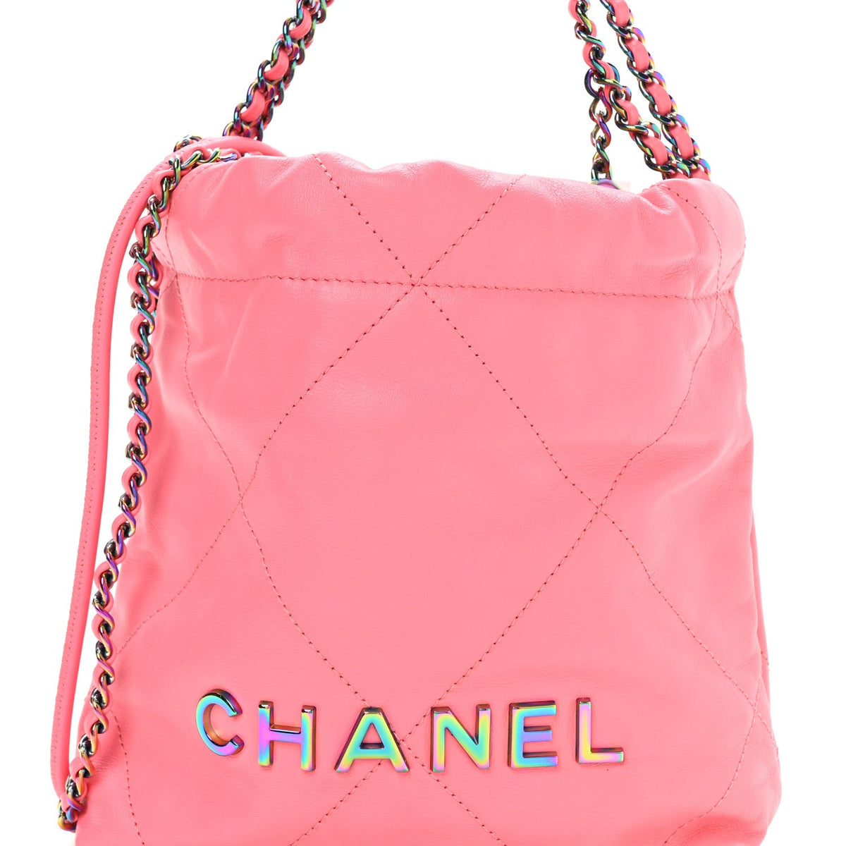 Shiny Calfskin Quilted Rainbow Metal Mini Chanel 22 Coral Pink