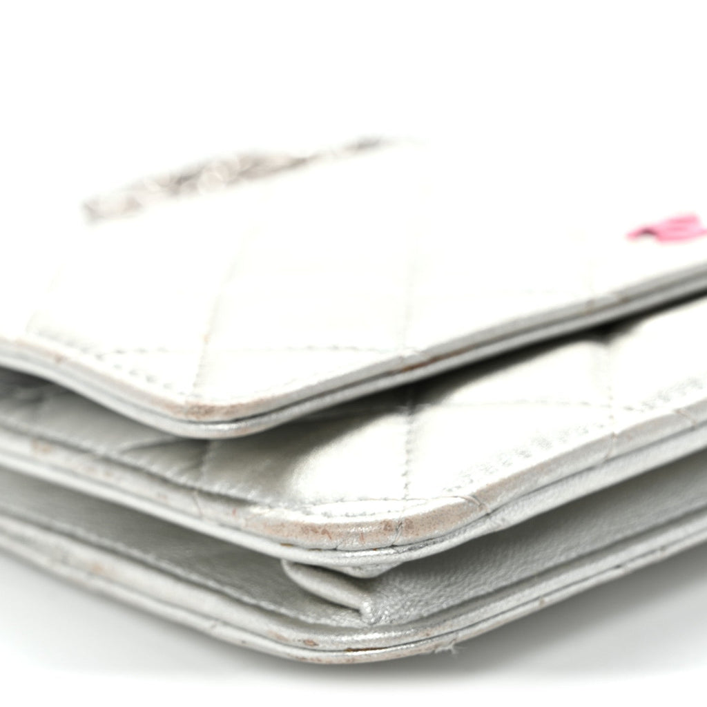 Metallic Lambskin Quilted Wallet On Chain WOC Silver