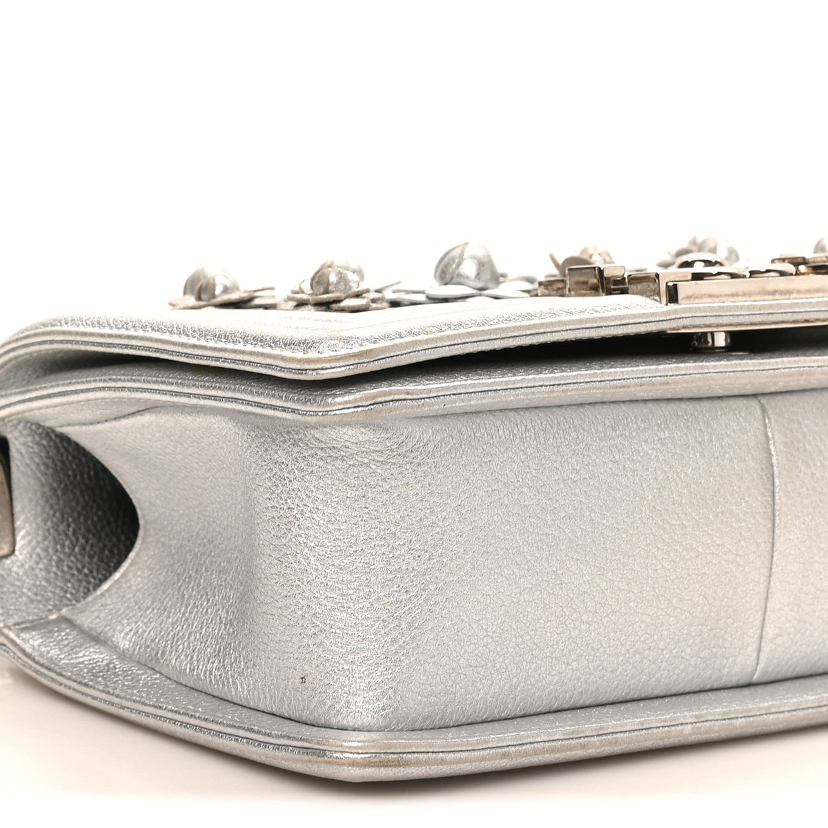Metallic Calfskin Camellia Quilted Small Boy Flap Silver