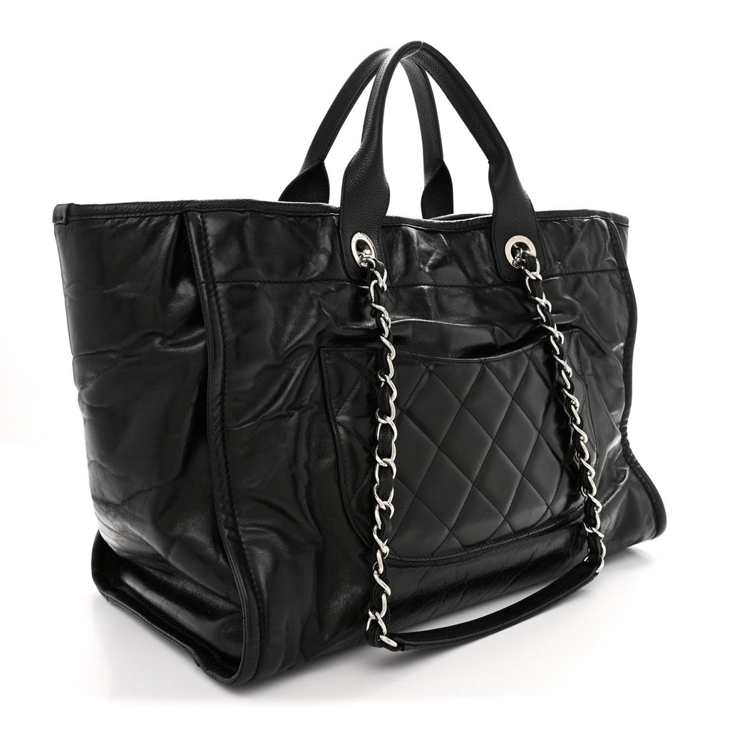 Glazed Calfskin Medium Deauville Tote Black