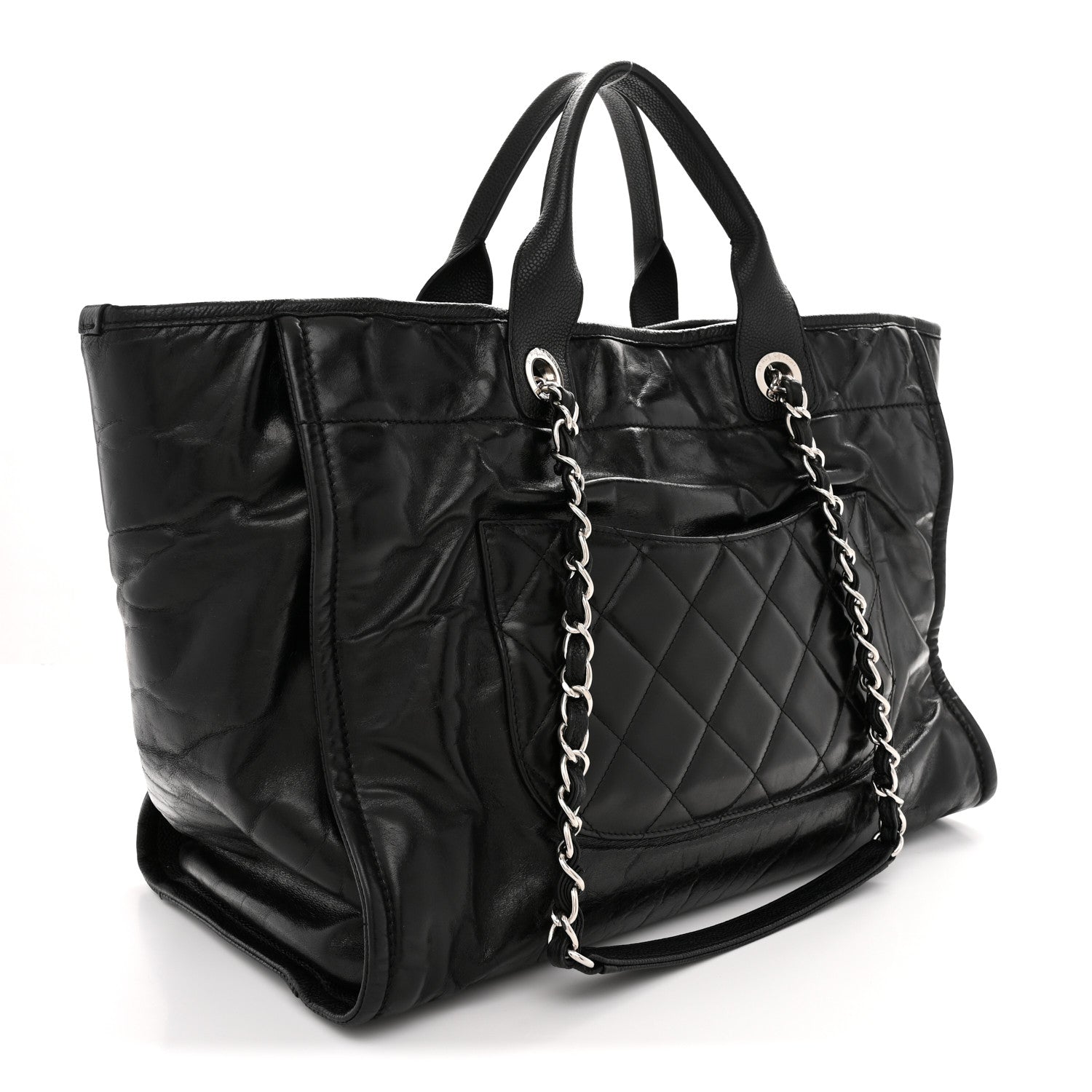 Glazed Calfskin Medium Deauville Tote Black