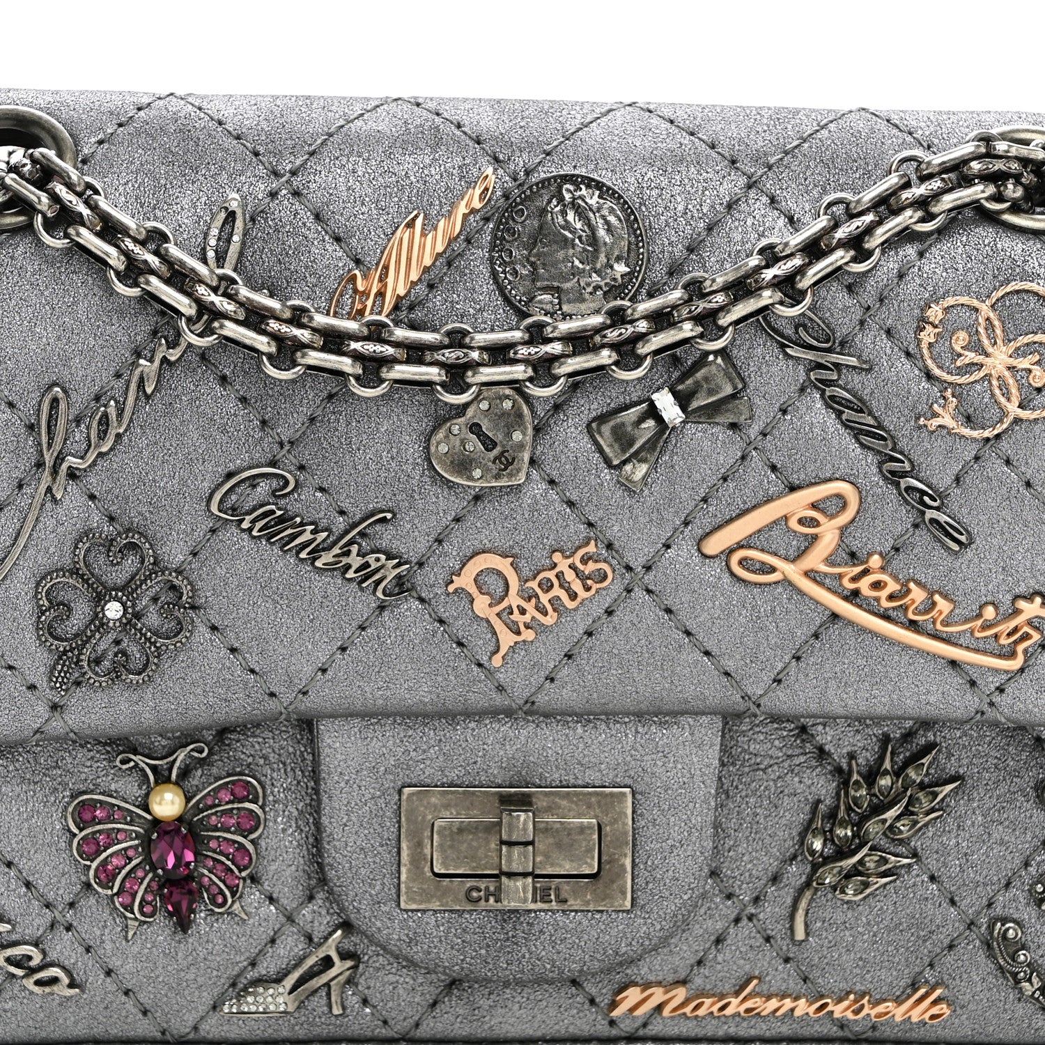 Metallic Calfskin Quilted Lucky Charms 2.55 Reissue 224 Flap Dark Silver