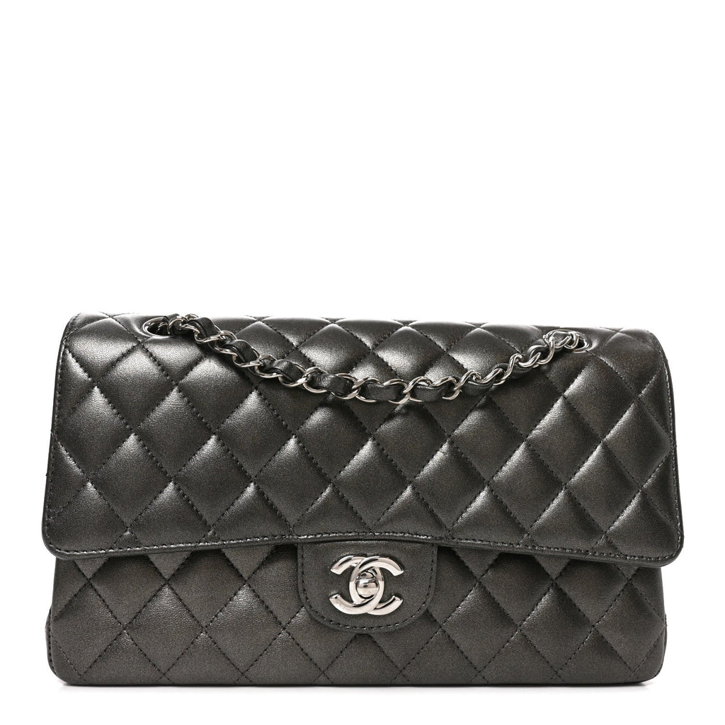 Metallic Lambskin Quilted Medium Double Flap Anthracite