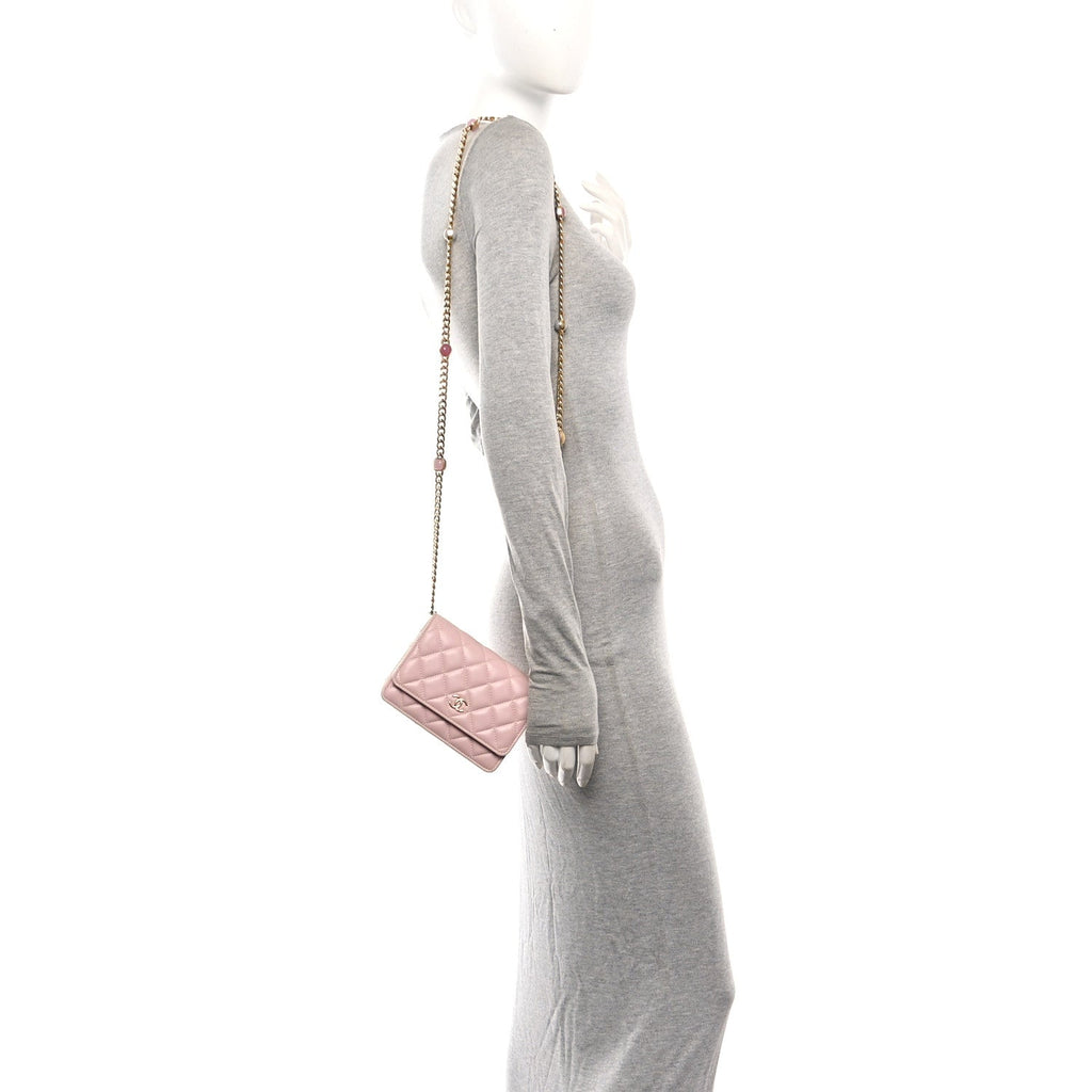Lambskin Quilted CC Pearl Enamel Clutch on Chain WOC Light Pink