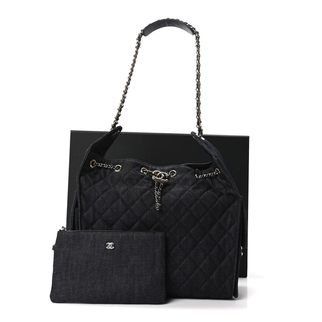 Denim Quilted Medium Chanel 25 Handbag Dark Blue