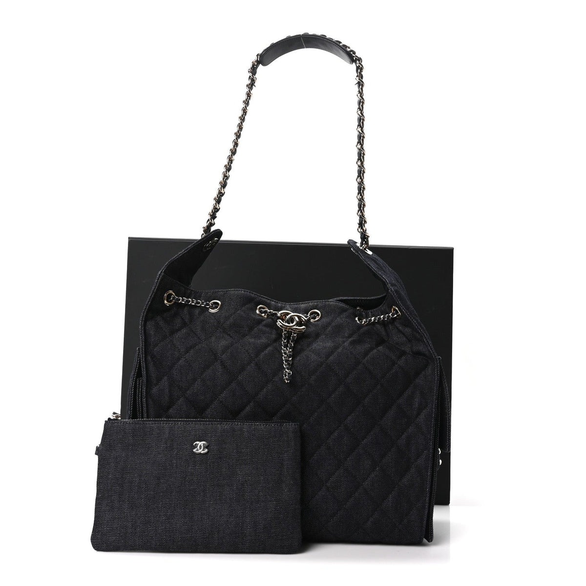 Denim Quilted Medium Chanel 25 Handbag Dark Blue