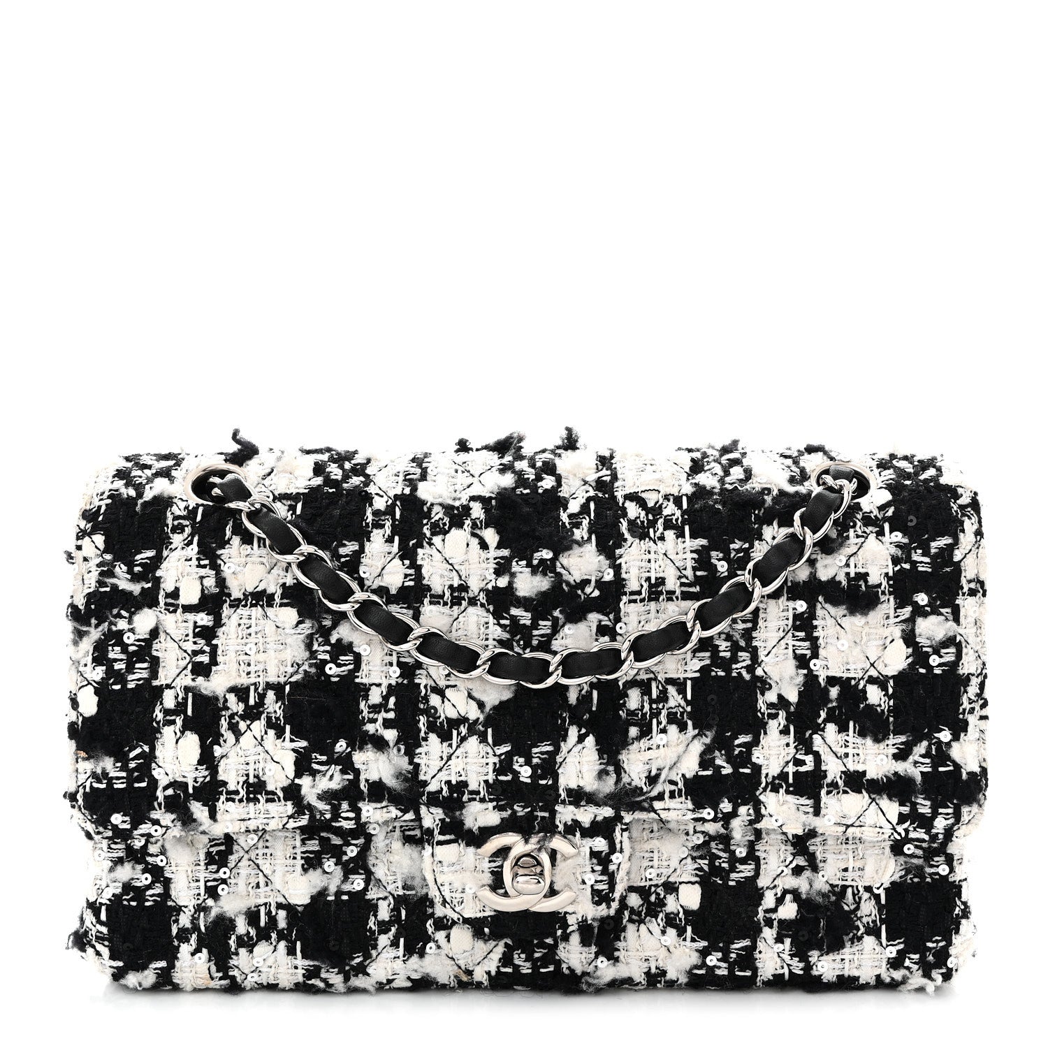 Tweed Sequin Quilted Medium Double Flap Black White