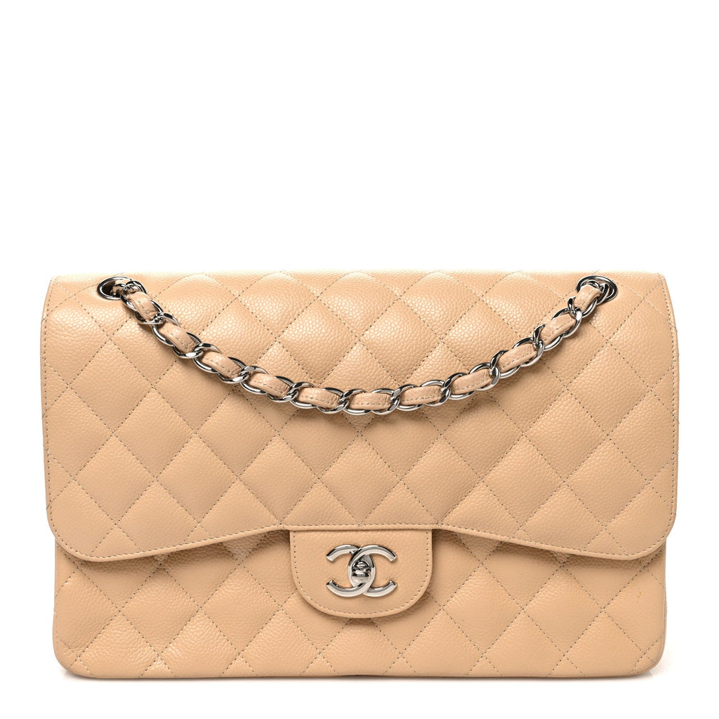 Caviar Quilted Jumbo Double Flap Beige