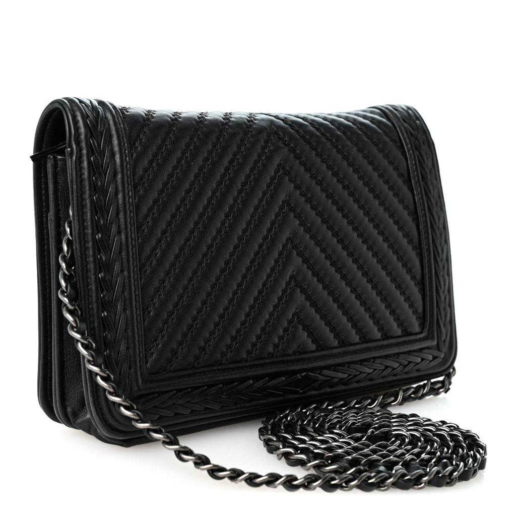 Calfskin Chevron Quilted Braided Boy Wallet On Chain WOC Black