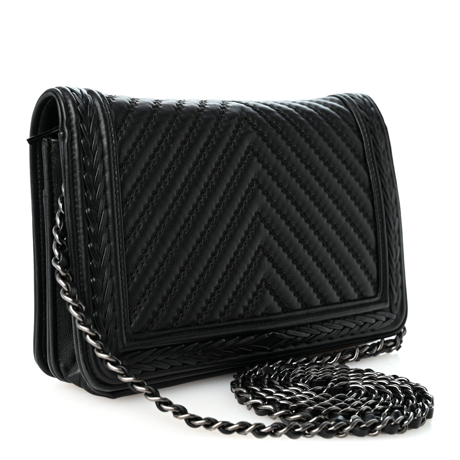 Calfskin Chevron Quilted Braided Boy Wallet On Chain WOC Black