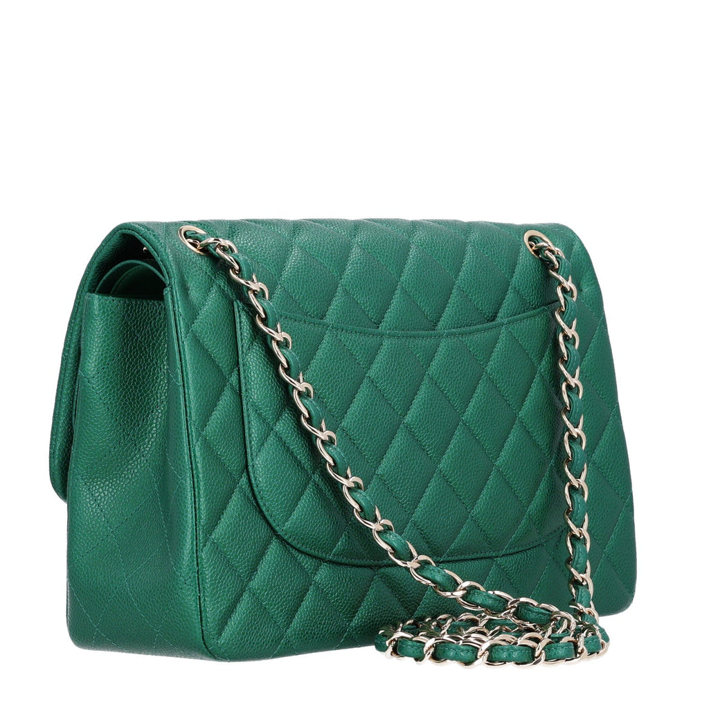Metallic Caviar Quilted Jumbo Double Flap Green