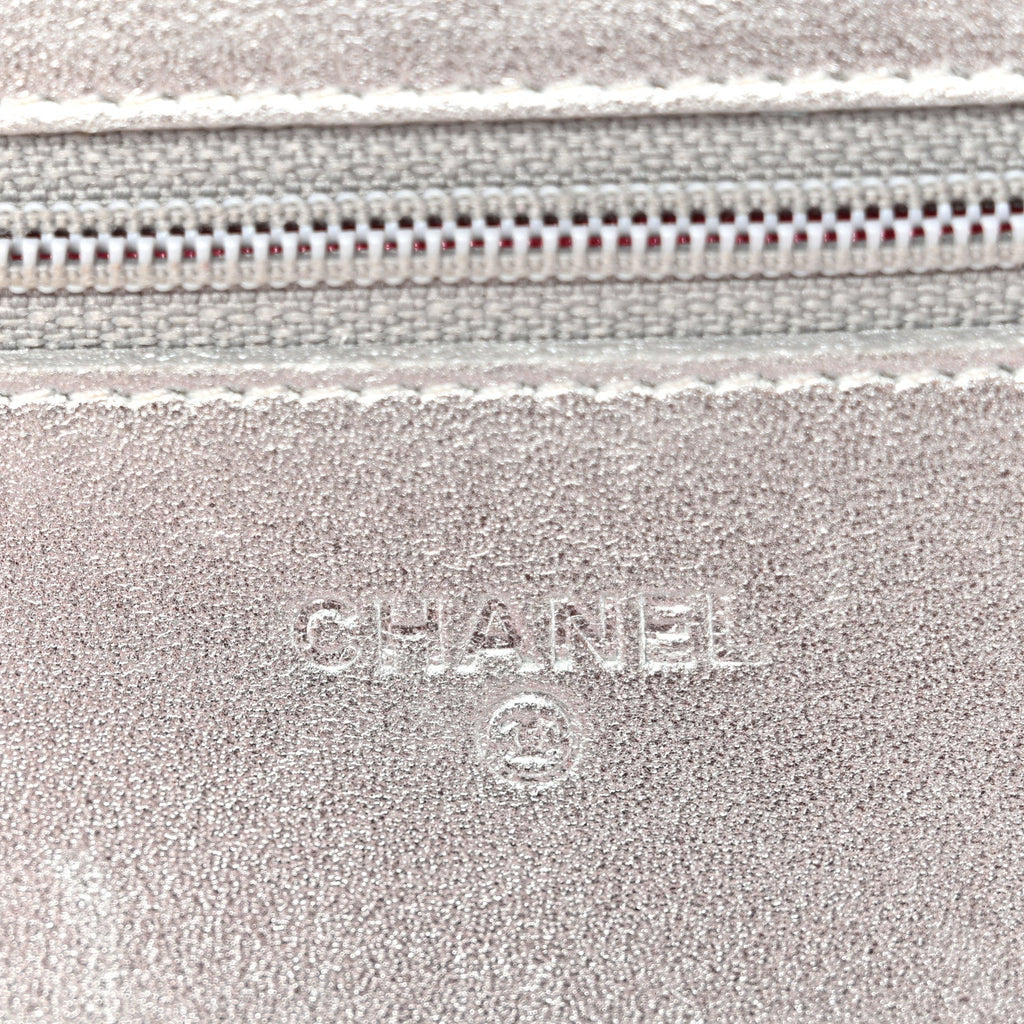Metallic Lambskin Quilted Wallet On Chain WOC Silver