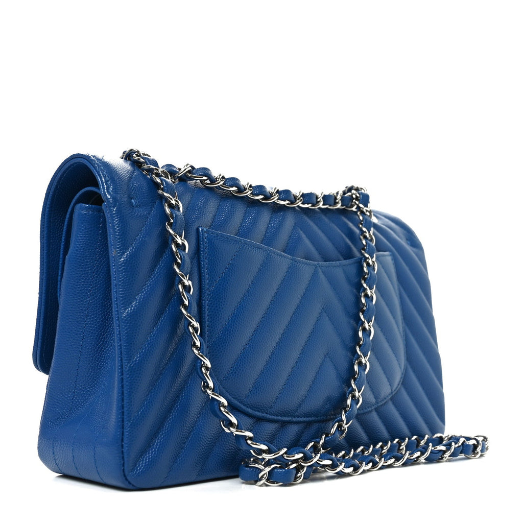 Caviar Chevron Quilted Medium Double Flap Blue