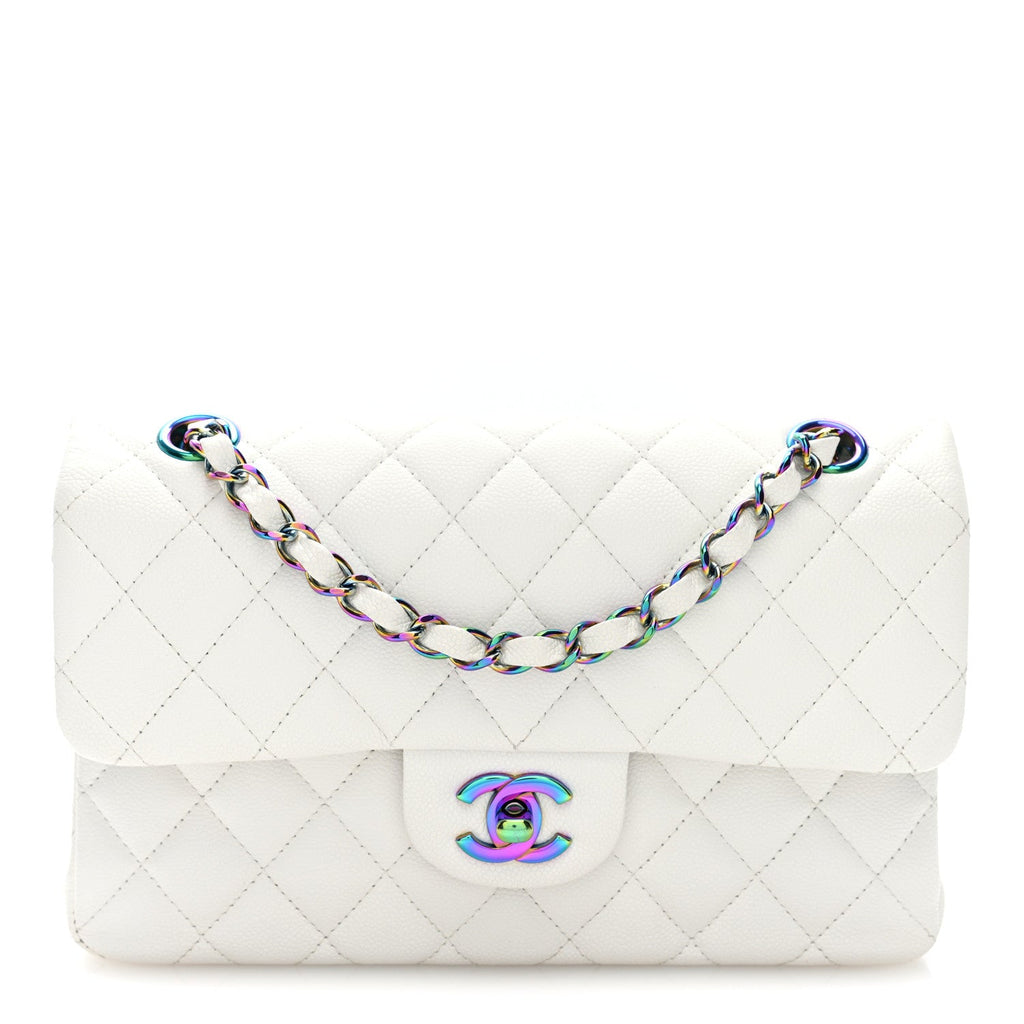 Caviar Quilted Rainbow CC Small Double Flap White