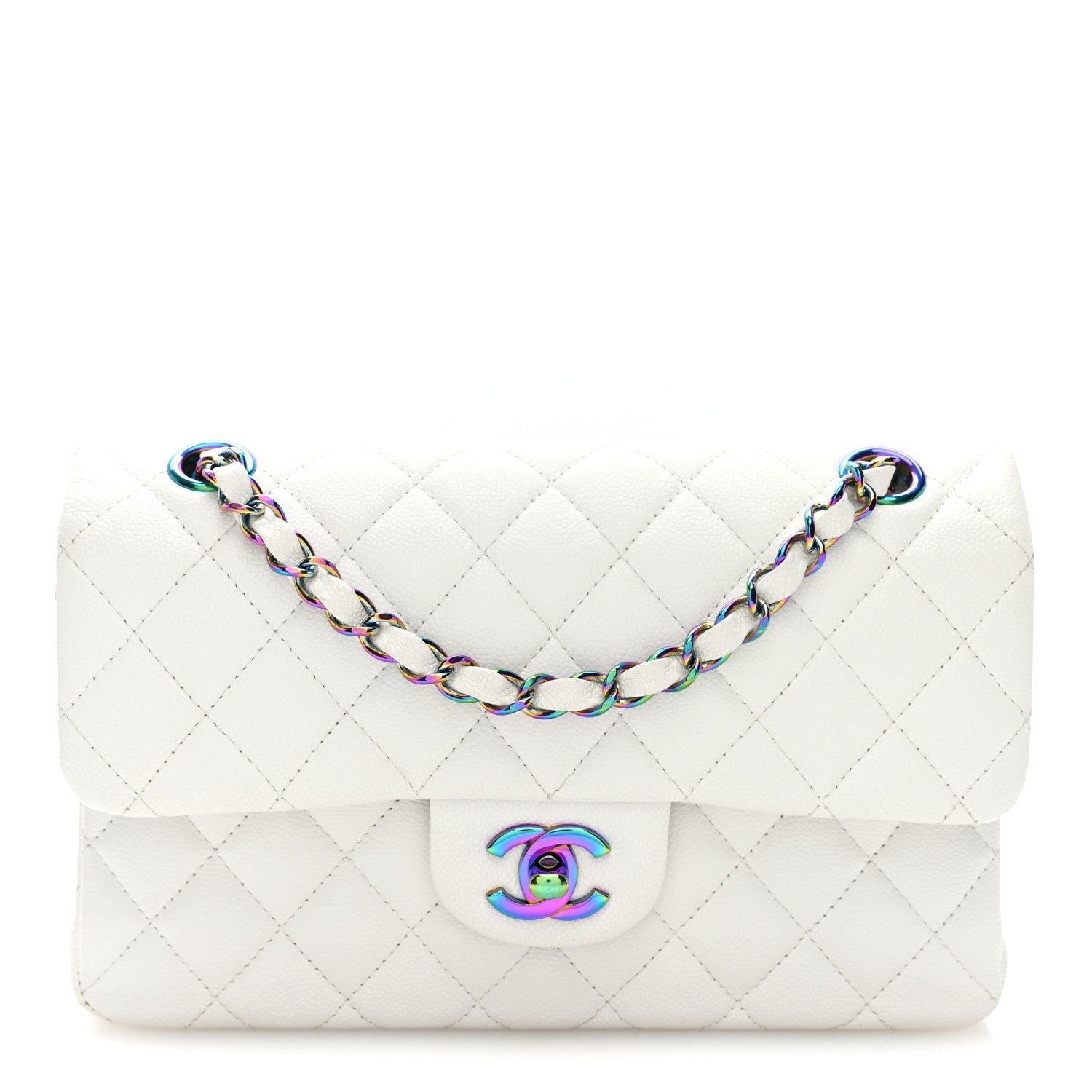 Caviar Quilted Rainbow CC Small Double Flap White