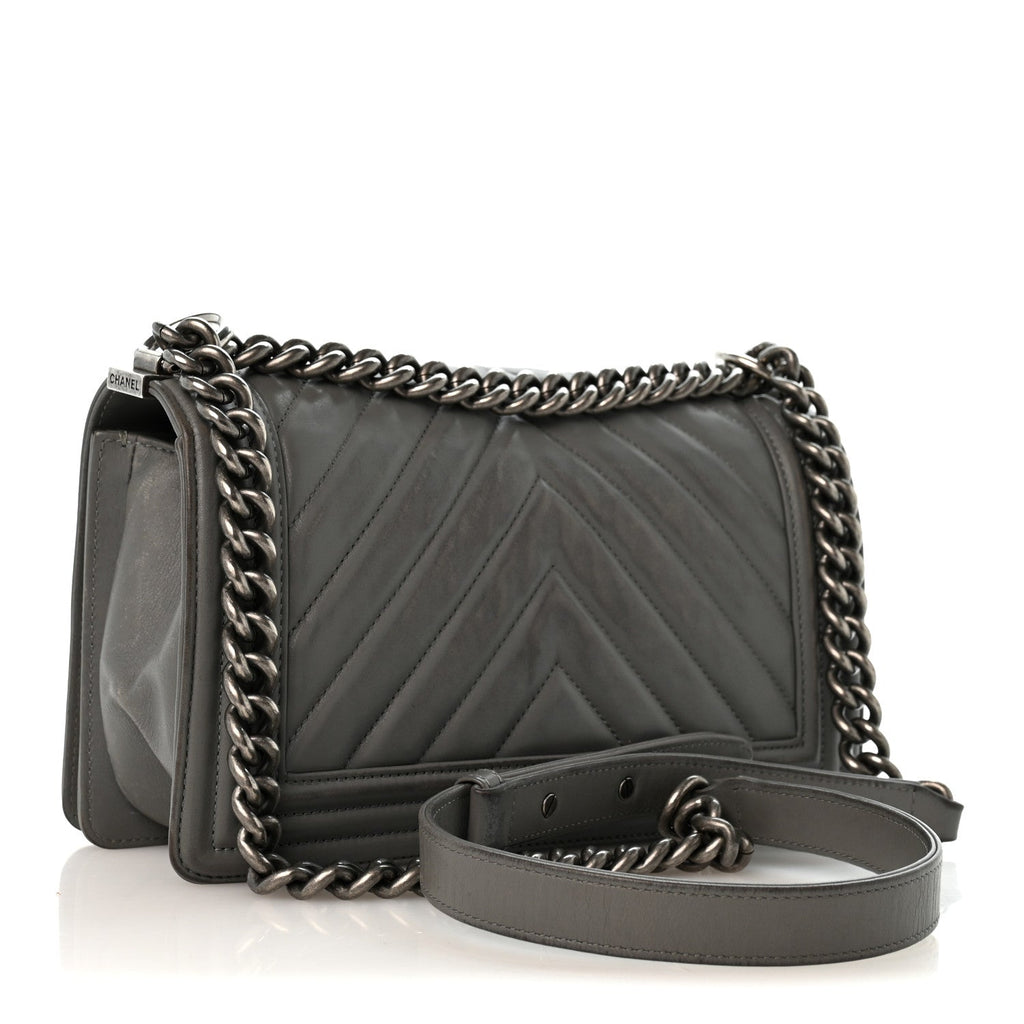 Lambskin Chevron Quilted Medium Boy Flap Grey