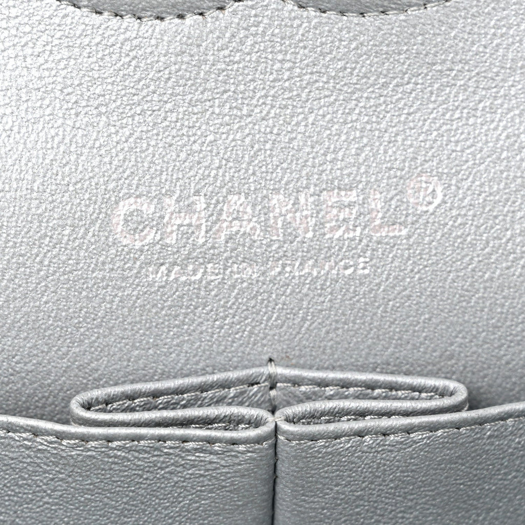 Metallic Lambskin Quilted Medium Double Flap Silver