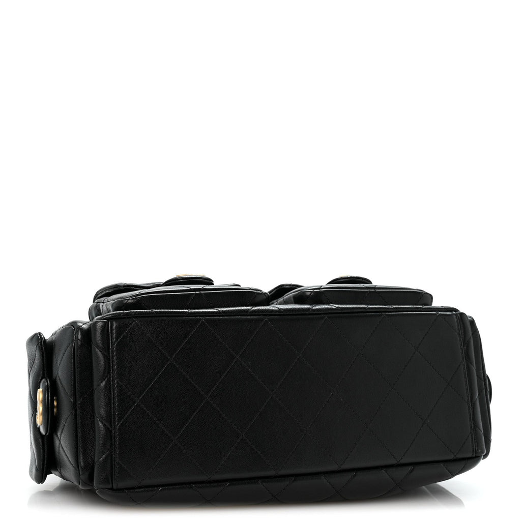 Shiny Lambskin Quilted Trendy Pockets Hobo Black