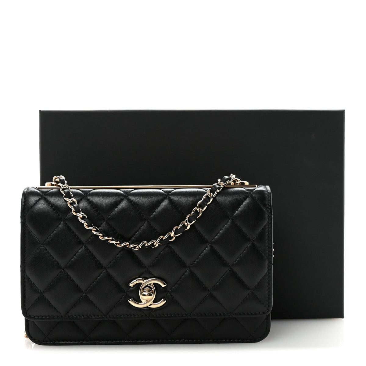 Lambskin Quilted Trendy CC Wallet On Chain WOC Black