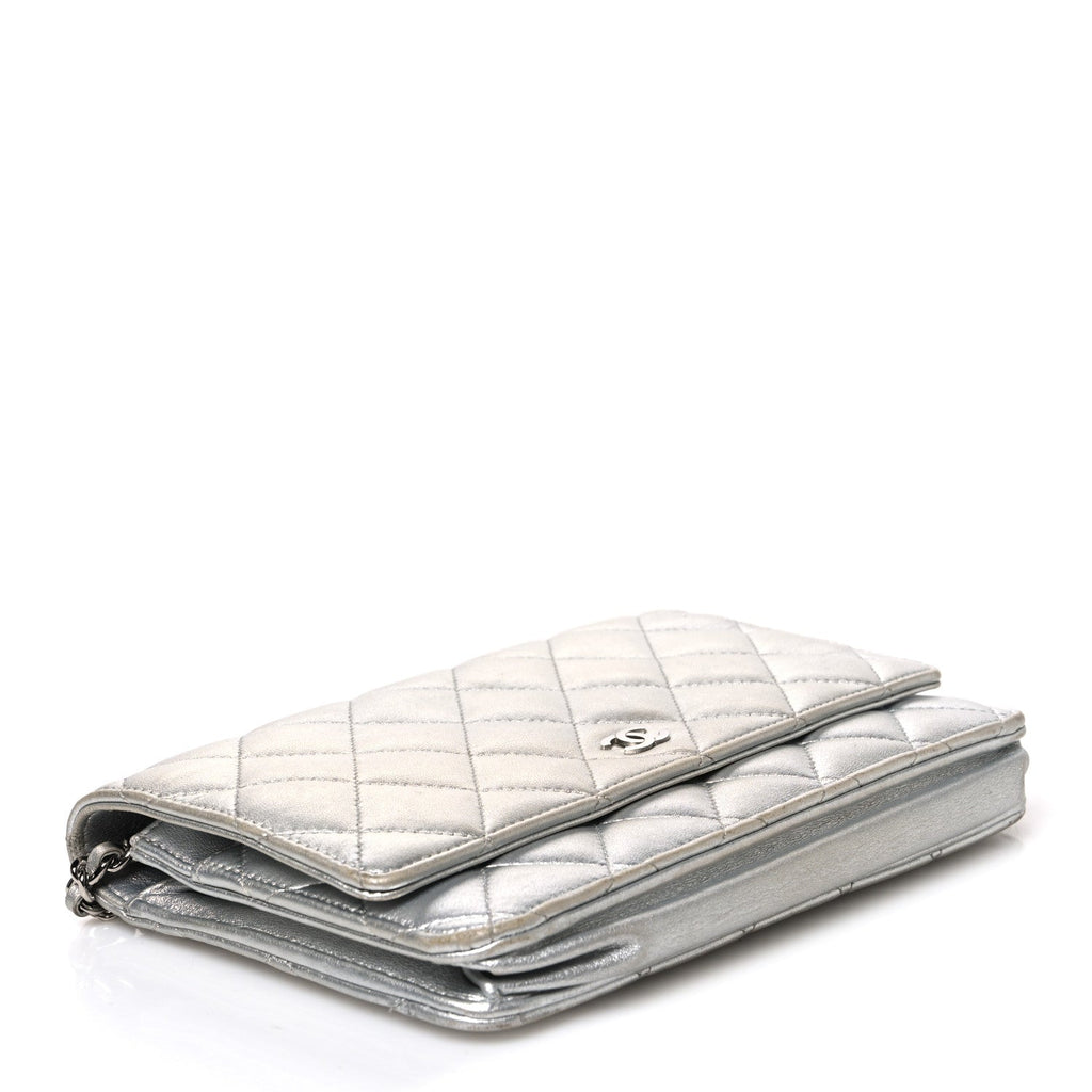 Metallic Lambskin Quilted Wallet On Chain WOC Silver