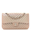 Metallic Caviar Chevron Quilted Medium Double Flap Light Gold