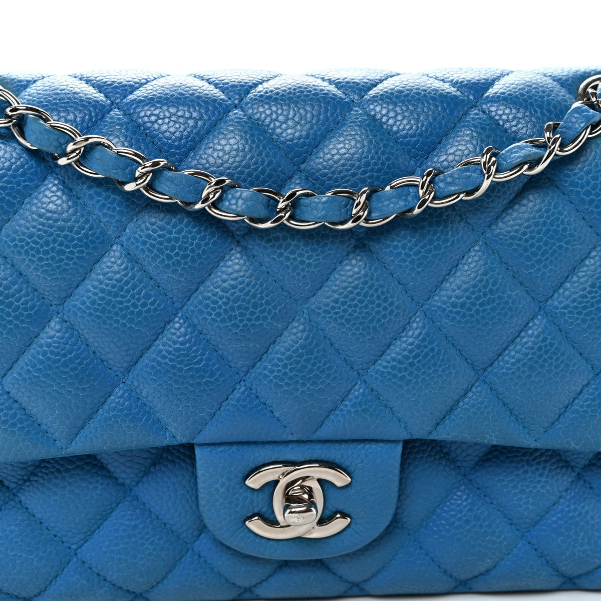 Iridescent Caviar Quilted Medium Double Flap Blue
