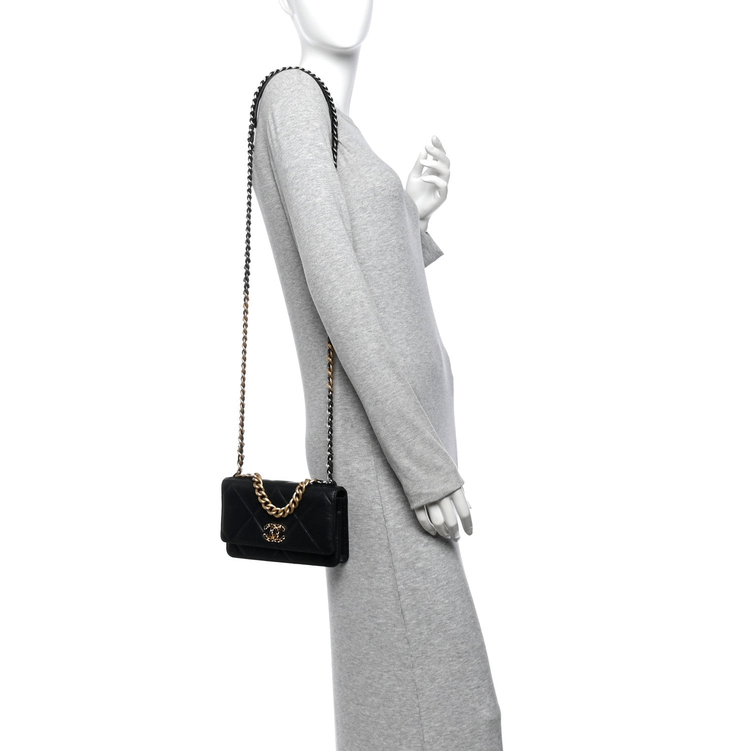Goatskin Quilted Chanel 19 Wallet On Chain WOC Black