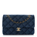 Printed Denim Quilted Small Double Flap Blue