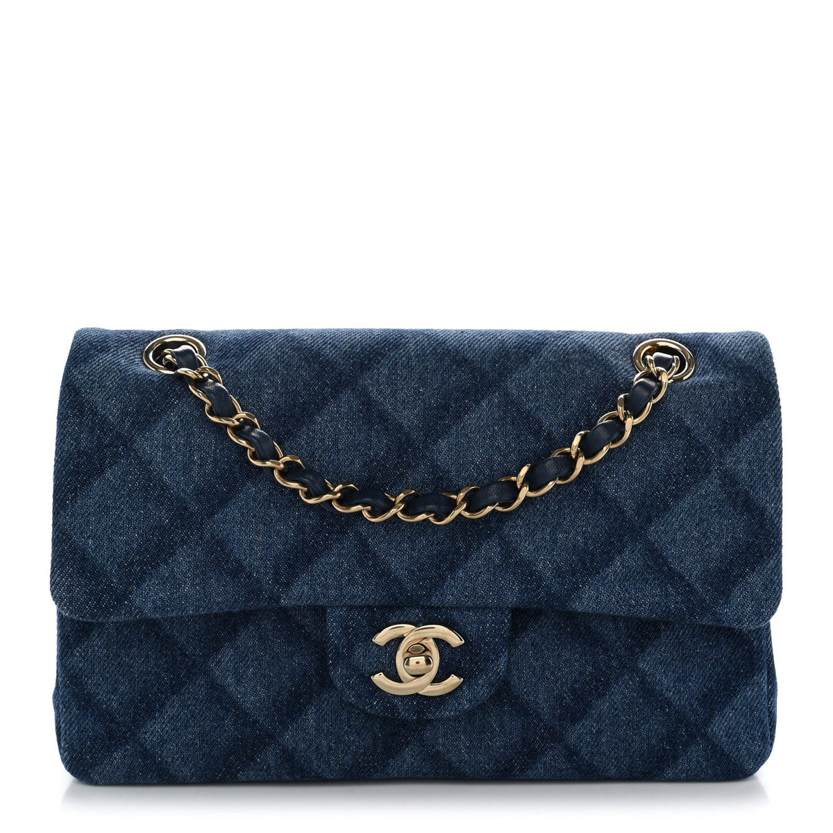 Printed Denim Quilted Small Double Flap Blue