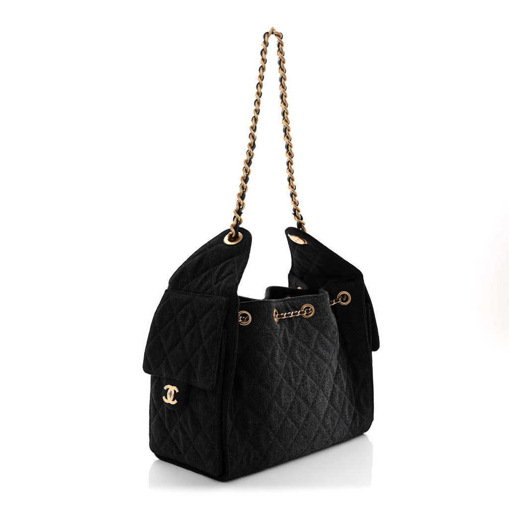 Washed Denim Quilted Small Chanel 25 Handbag Black
