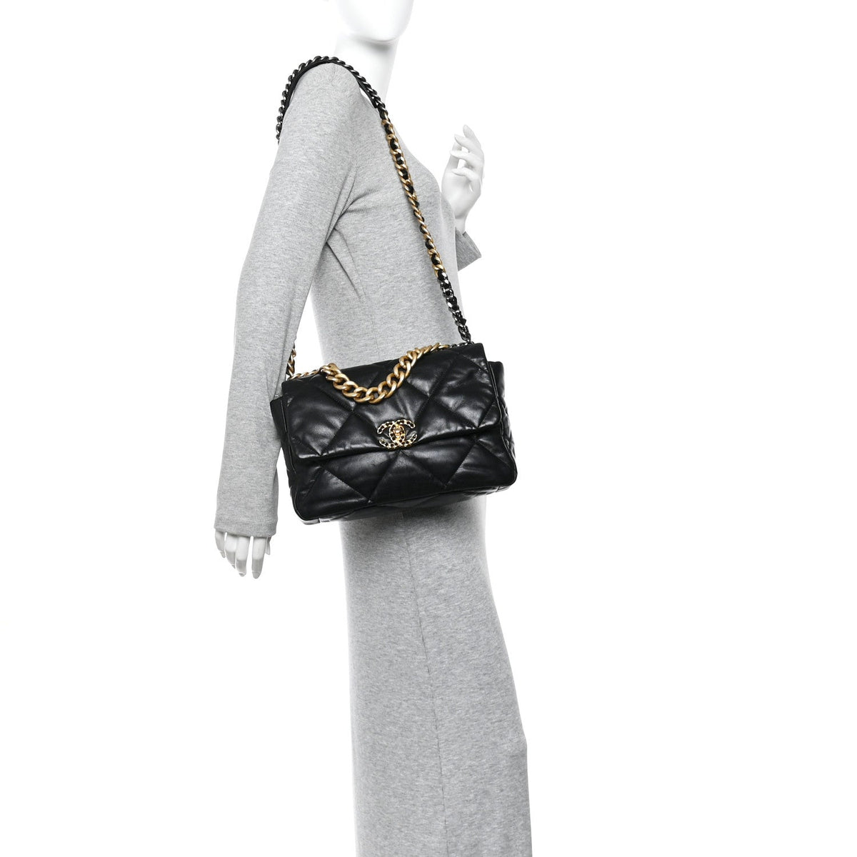 Shiny Goatskin Quilted Large Chanel 19 Flap Black