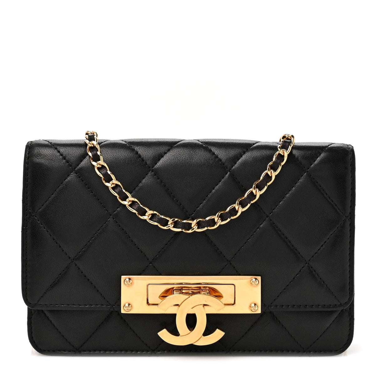 Lambskin Quilted Golden Class Wallet on Chain WOC Black