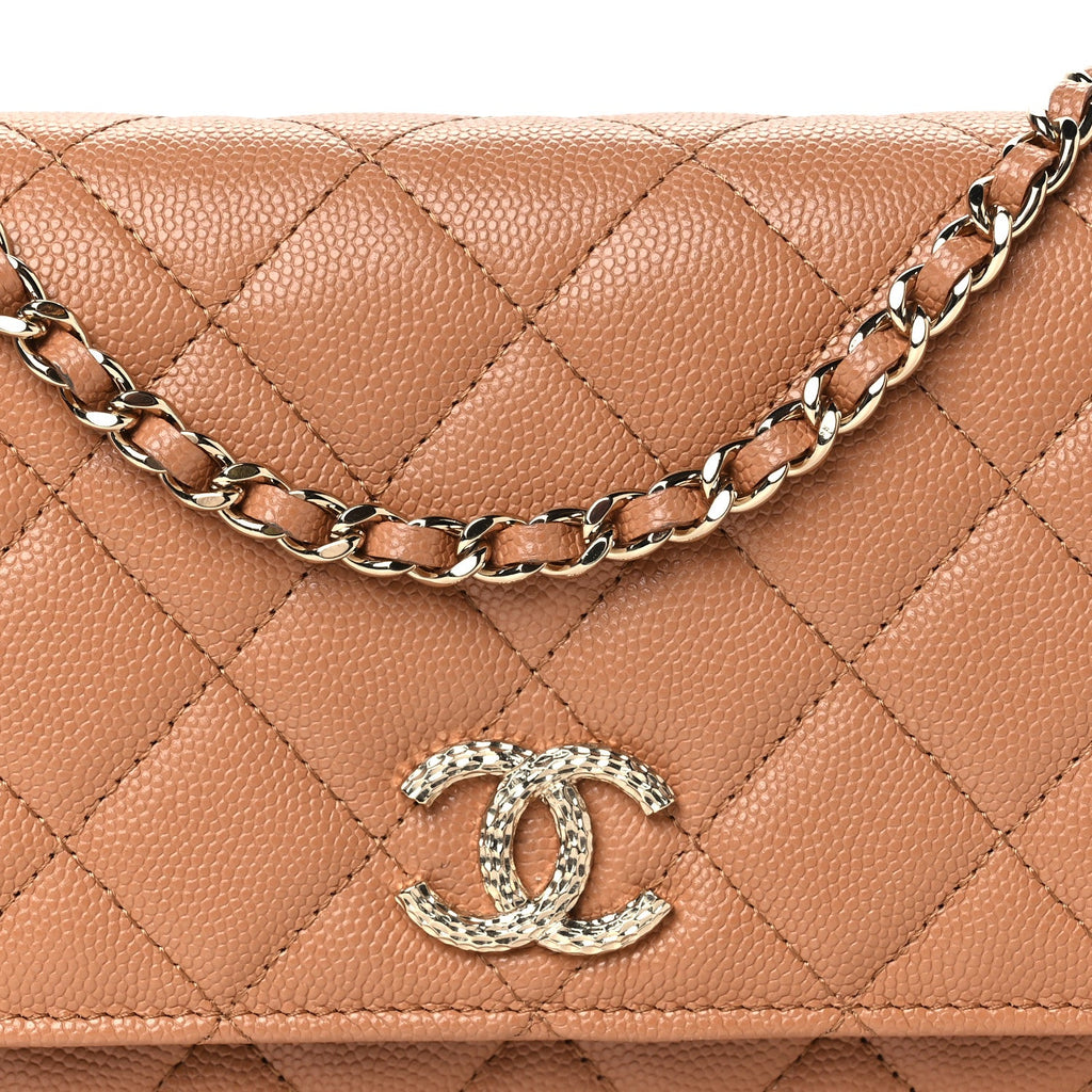 Caviar Quilted Studded CC Wallet on Chain WOC Brown