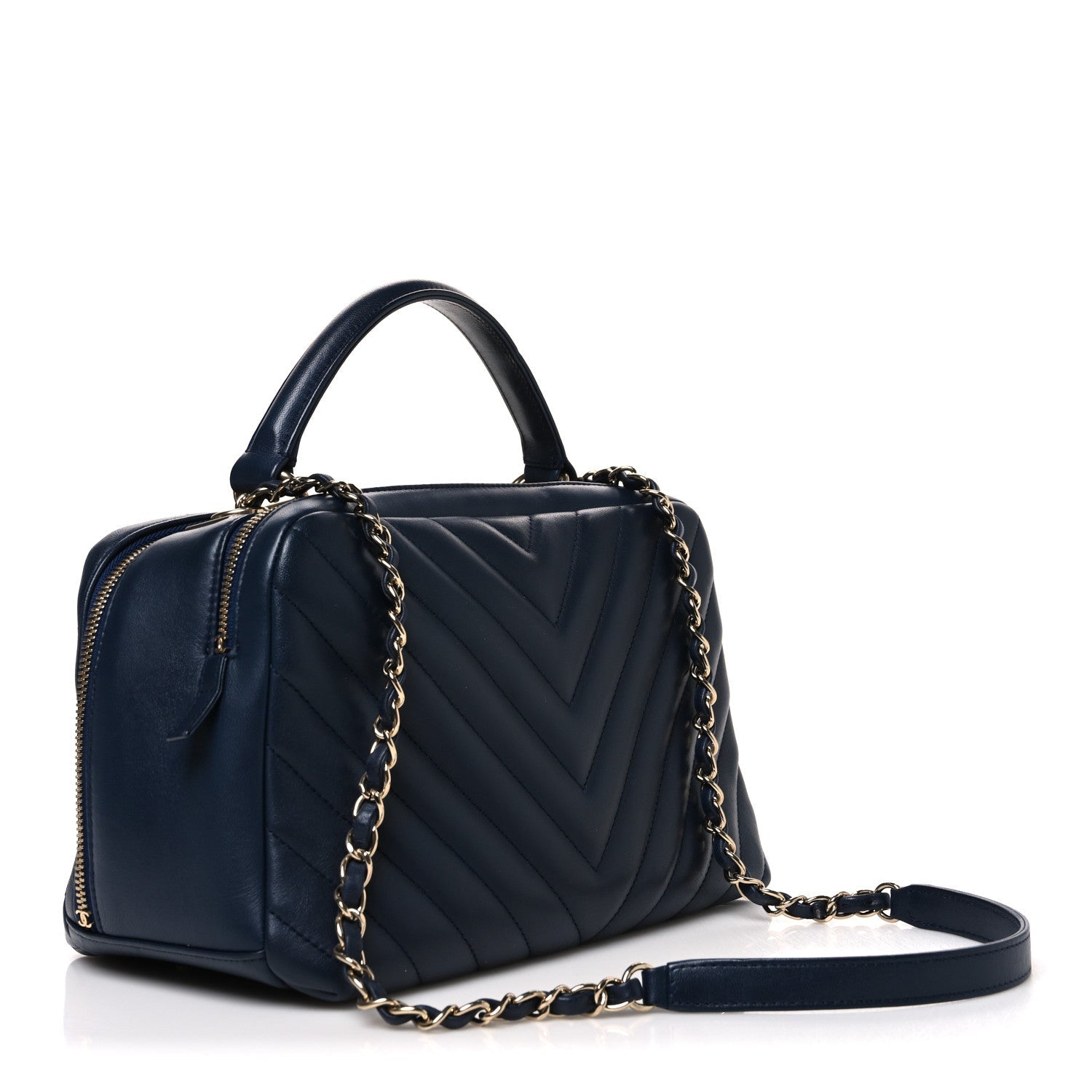 Lambskin Chevron Quilted Small Trendy CC Bowling Bag Navy Blue