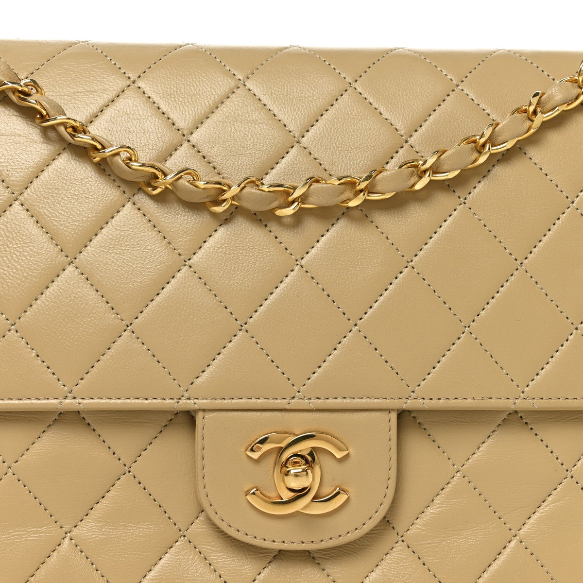 Lambskin Quilted Medium Double Flap Beige
