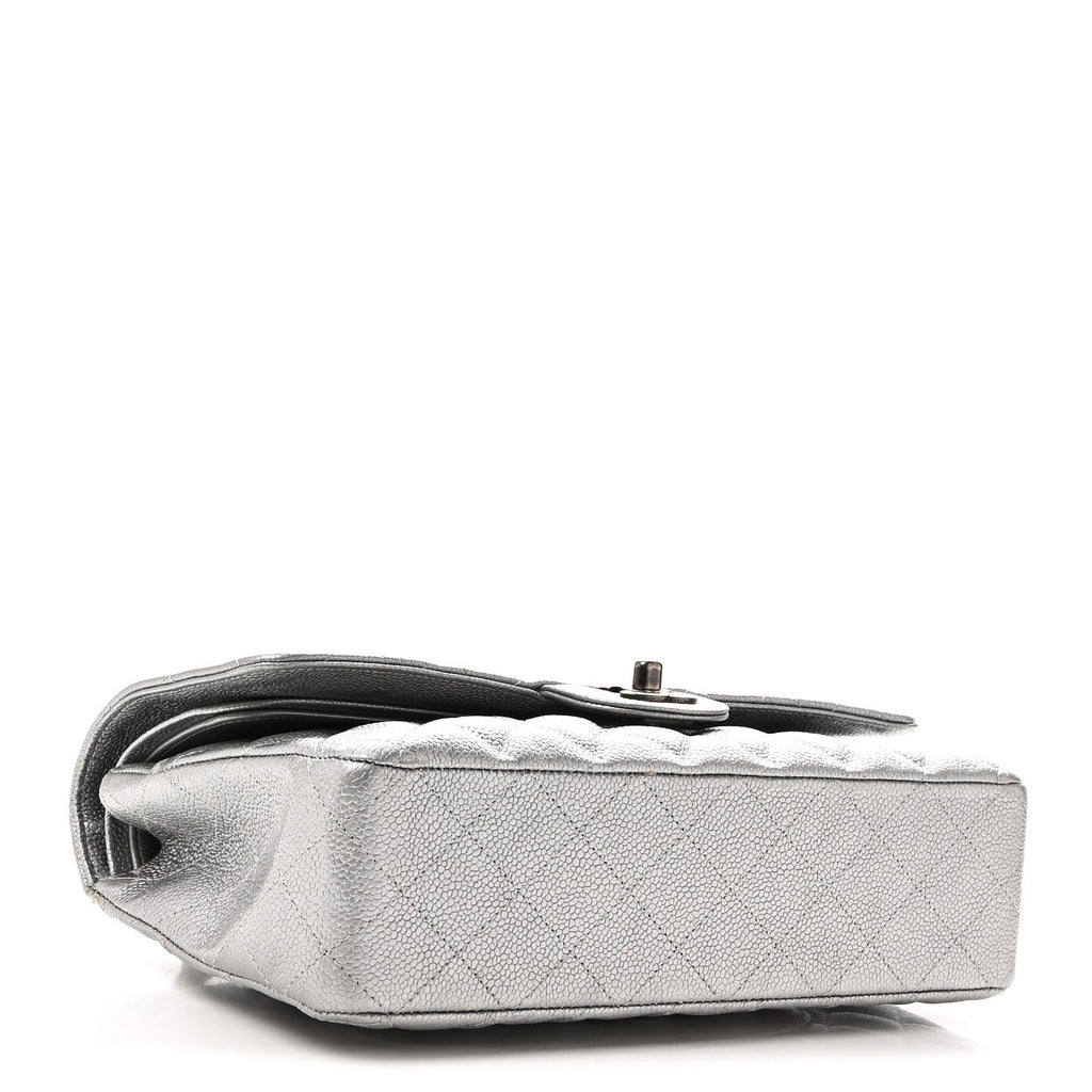 Metallic Caviar Quilted Medium Double Flap Silvery