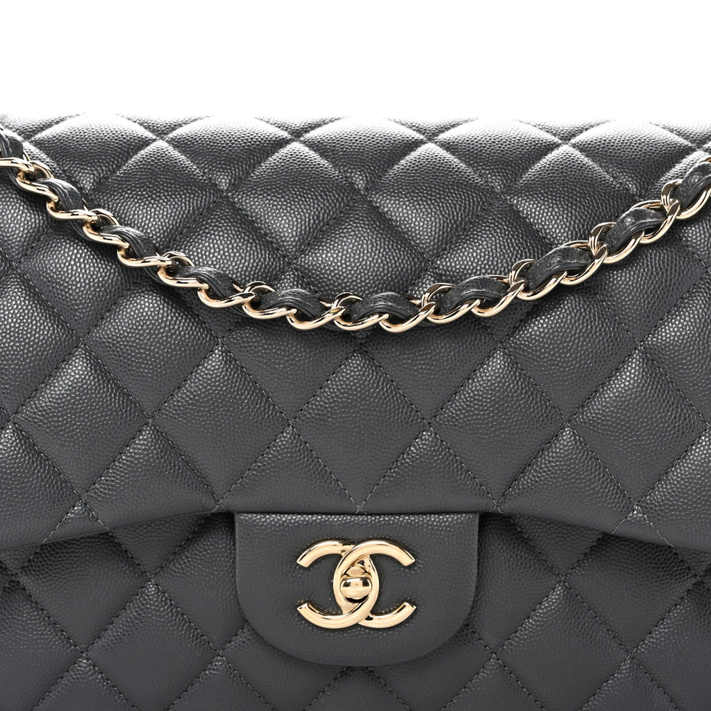 Caviar Quilted Jumbo Double Flap Dark Grey