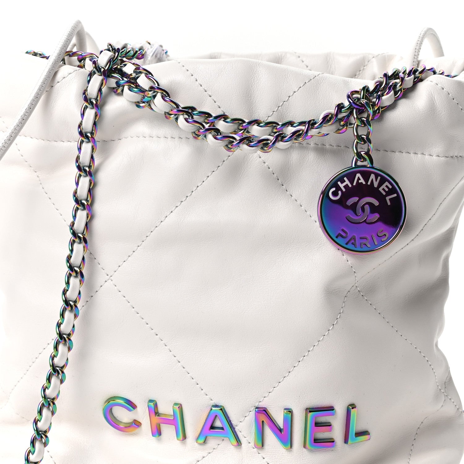 Shiny Calfskin Quilted Rainbow Mini Chanel 22 White