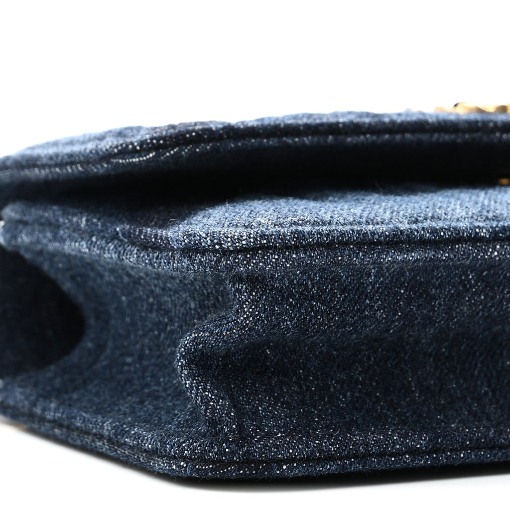 Denim Quilted Chanel 19 Flap Phone Holder With Chain Blue