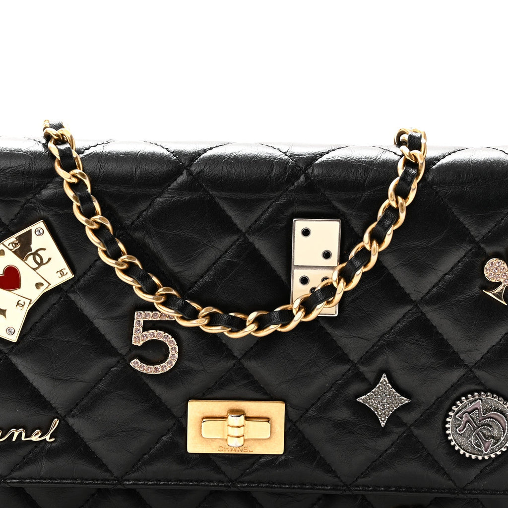 Aged Calfskin Lucky Charms Casino 2.55 Reissue Wallet on Chain WOC Black