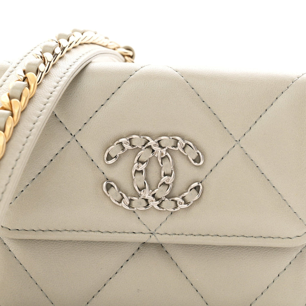 Lambskin Quilted Chanel 19 Flap Coin Purse With Chain Grey