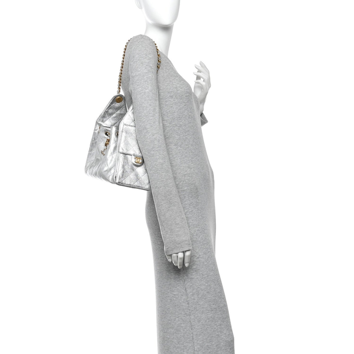 Metallic Caviar Quilted Small Chanel 25 Handbag Silver
