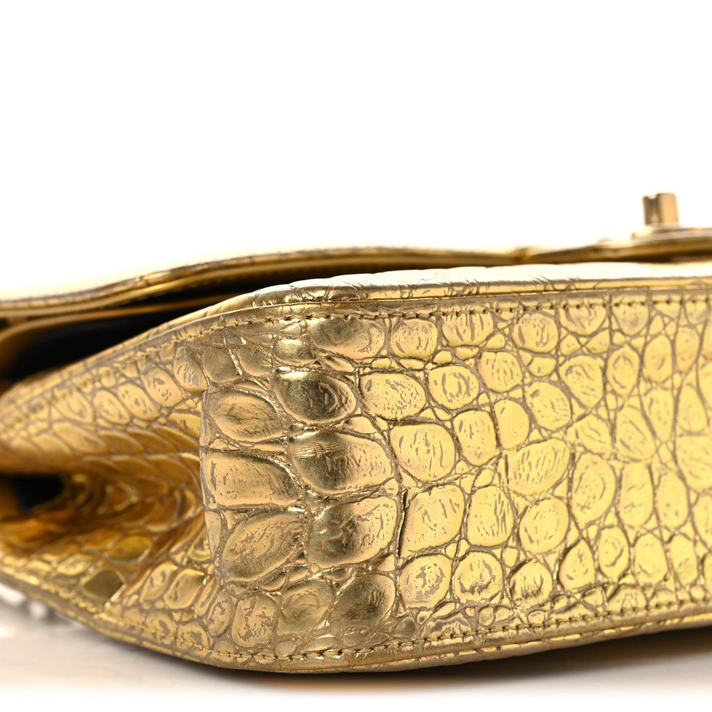 Metallic Calfskin Crocodile Embossed Cocodile Medium Double Flap Gold