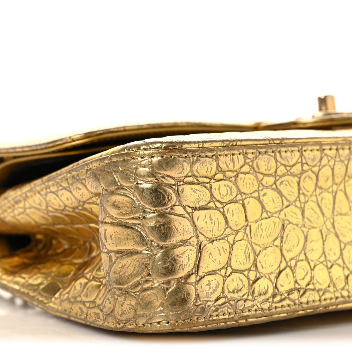 Metallic Calfskin Crocodile Embossed Cocodile Medium Double Flap Gold