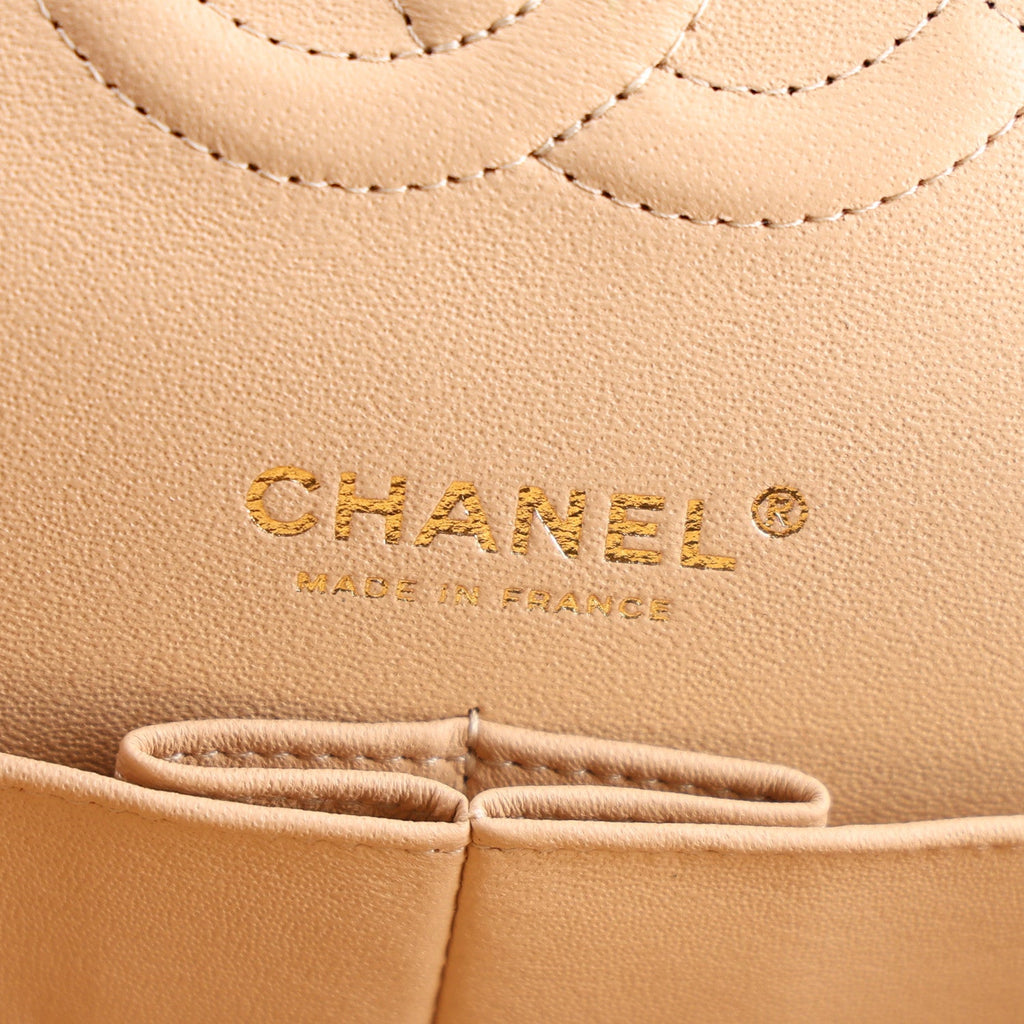 Lambskin Quilted Medium Double Flap Beige