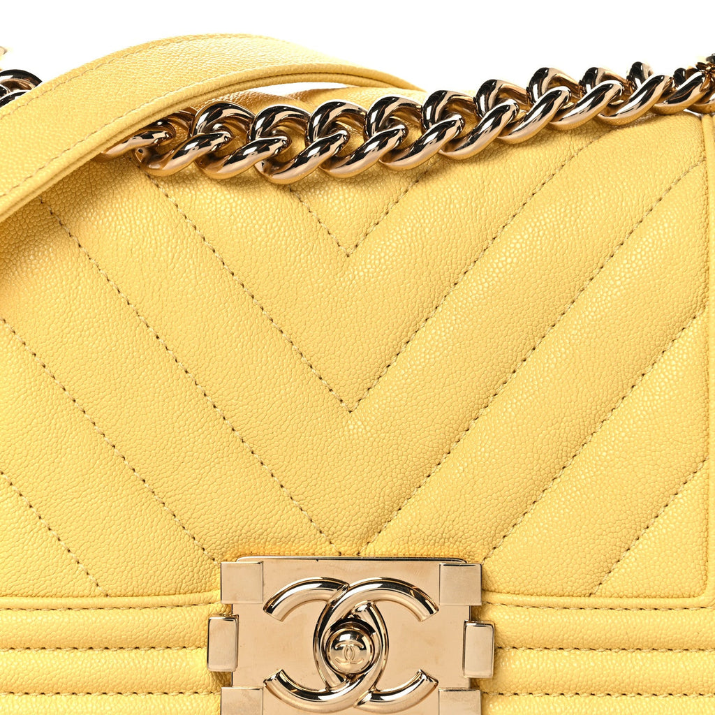 Caviar Chevron Quilted Small Boy Flap Yellow